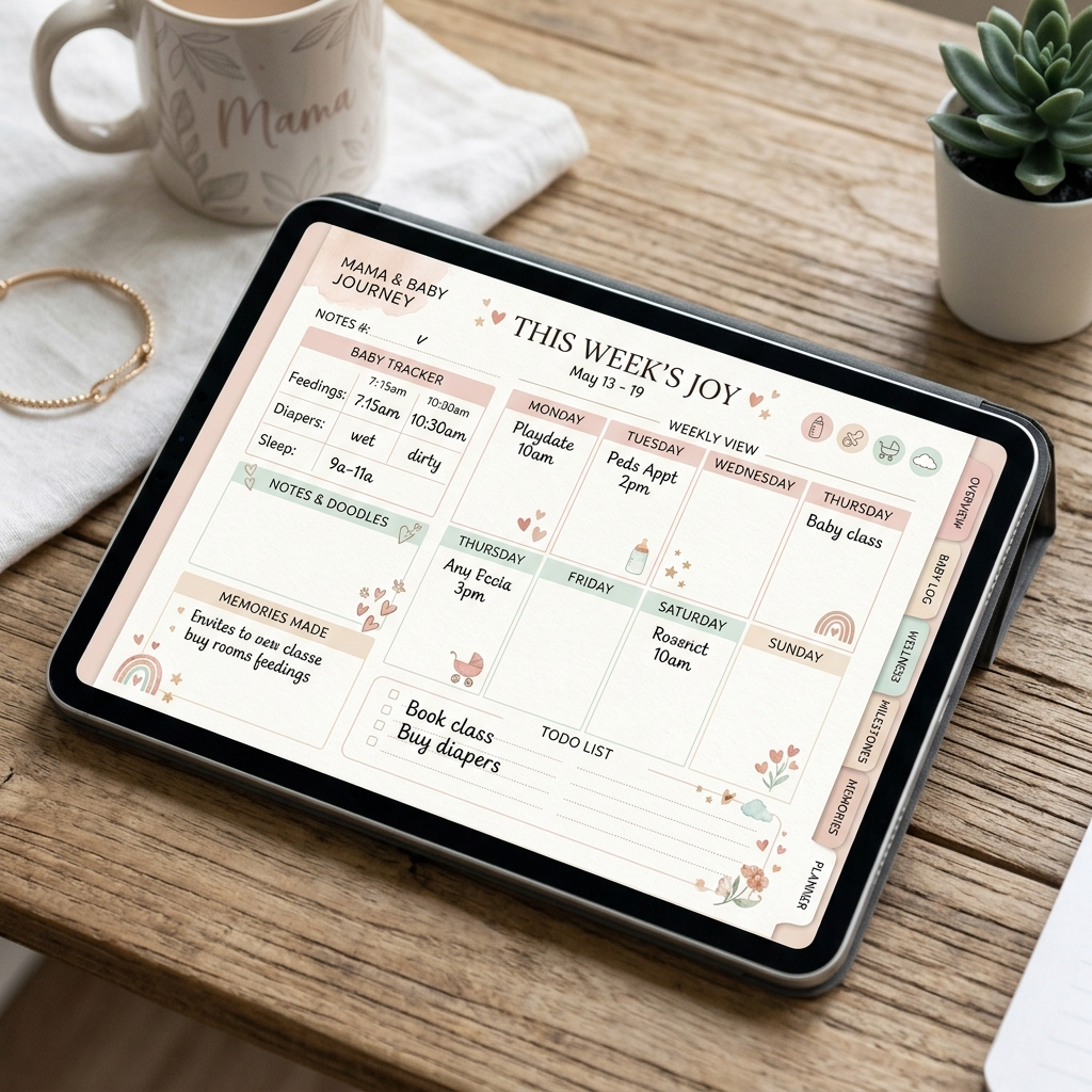 Mockup do Planner da Mamãe e do Bebê em um tablet